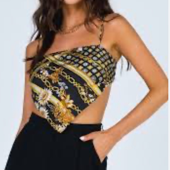 Princess Polly Tops - Princess Polly Novah Crop Top Handkerchief Black Gold Chain Floral Festival-4